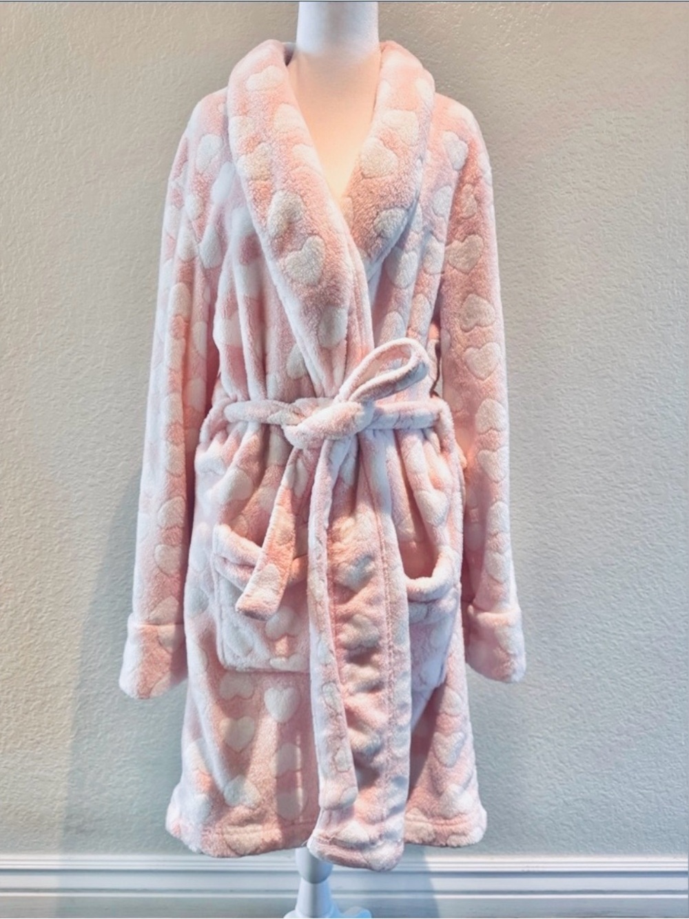 Daydream by Berkshire Home Plush Robe L/XL Pink White Heart Soft Cozy Lounge